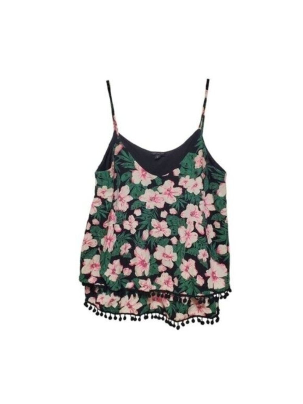 Tropical Boho Tank With Pom Pom Fringe Layered Ruffles